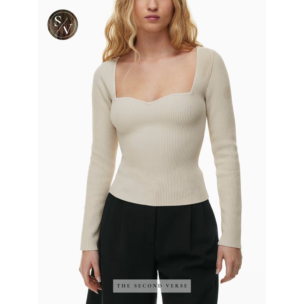 Babaton Sculpt Knit Sweetheart Long Sleeve Matte Pearl Minimalist Quiet Luxury